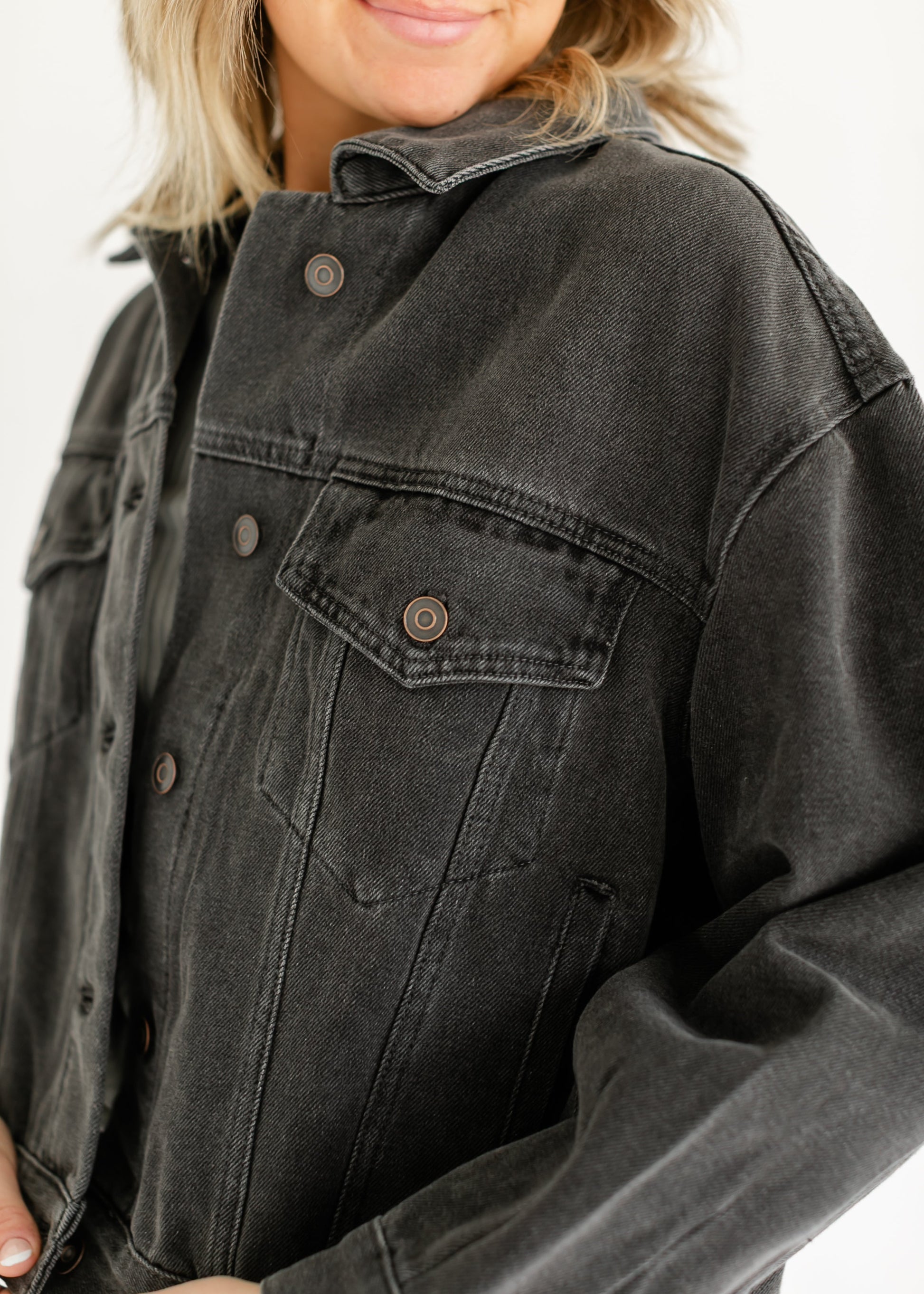 Oversized Washed Black Denim Jacket FF Tops