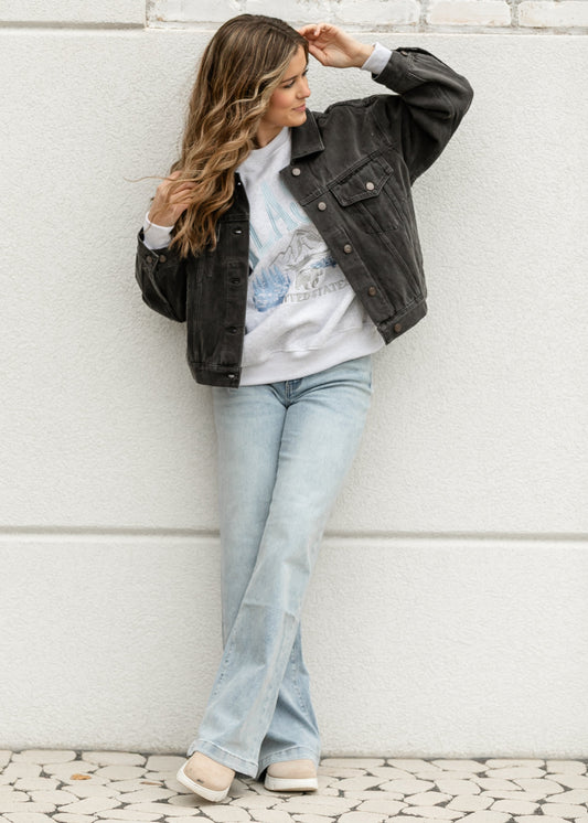 Oversized Washed Black Denim Jacket FF Tops