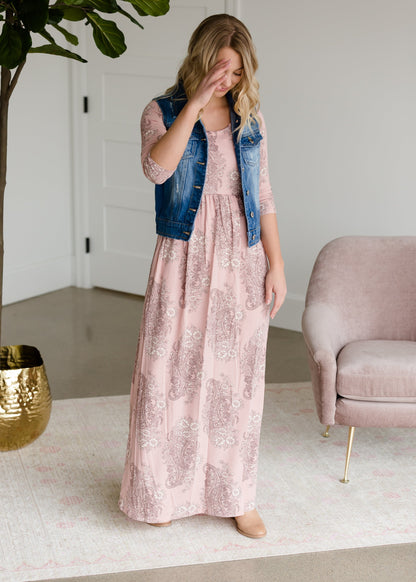 Paisley Print 3/4 Sleeve Maxi Dress FF Dresses