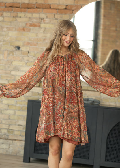 Paisley Print Ruffle Tunic Midi Dress FF Dresses