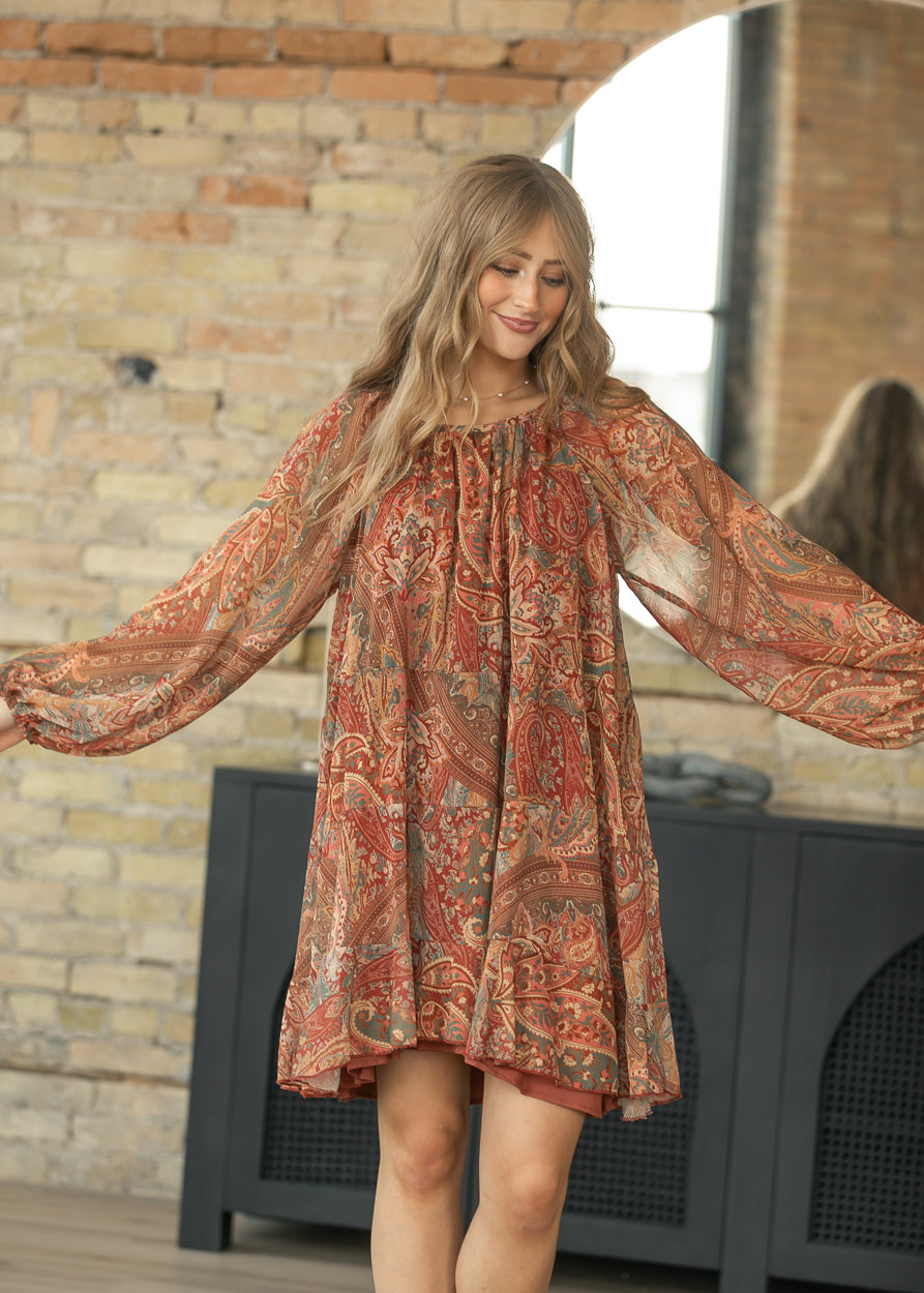 paisley midi dress Print Ruffle Tunic Dress, Large 46 1/2 Material Dresses for Curvy Girls: First Communion Dresses New Jersey Color:As Picture:Ivory/Nude