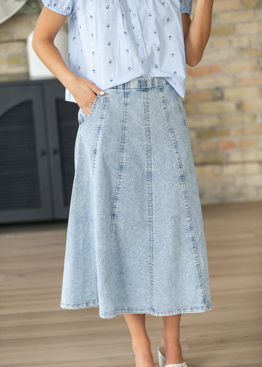 Paneled A-line Denim Midi Skirt FF Skirts