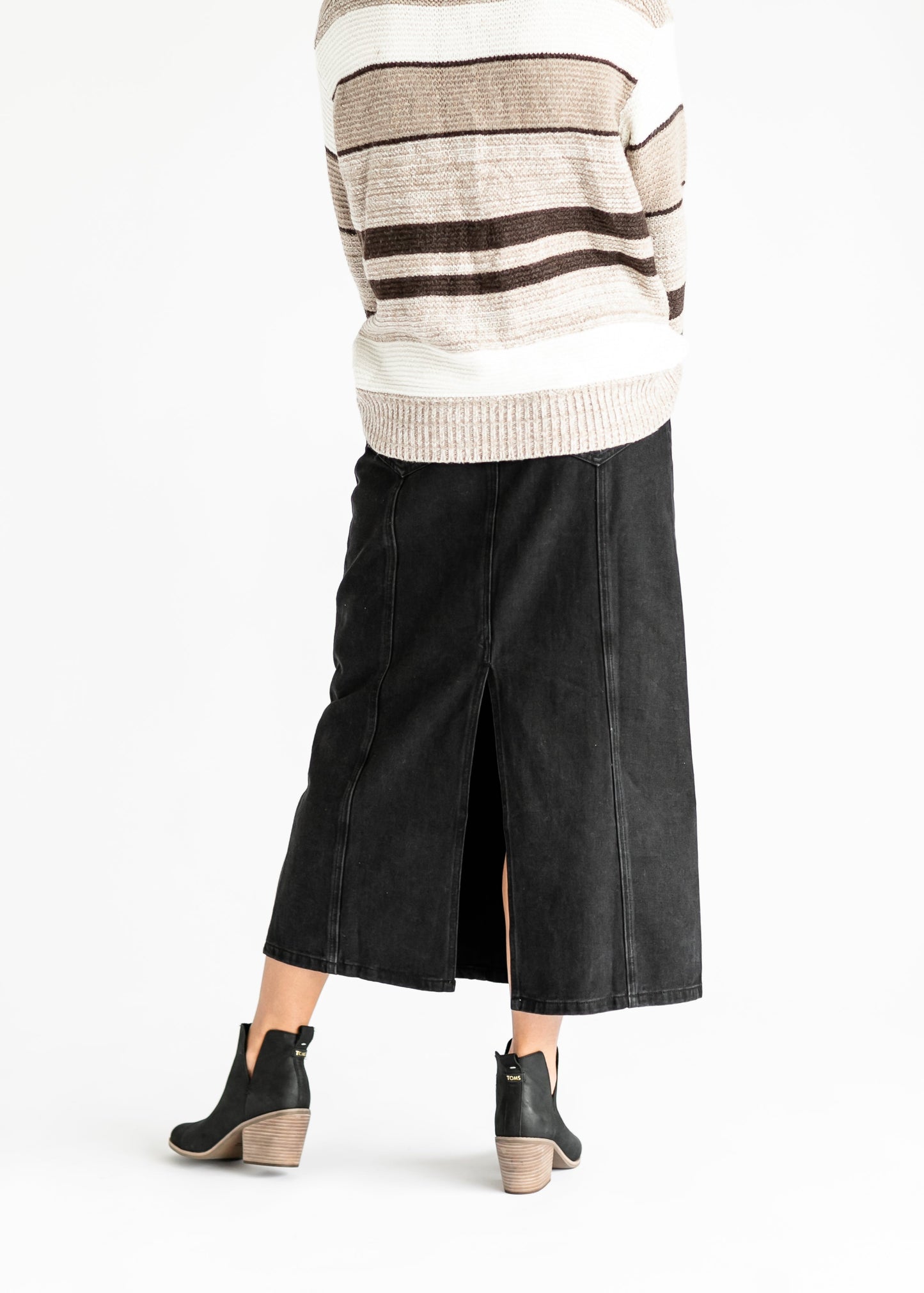 Paneled Black Denim Maxi Skirt FF Skirts