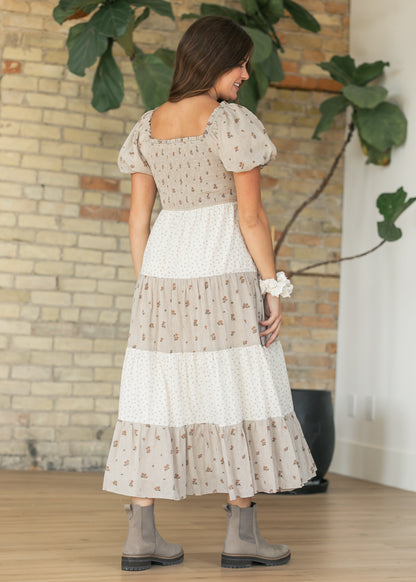 Patchwork Floral Smocked Midi Dress FF Dresses