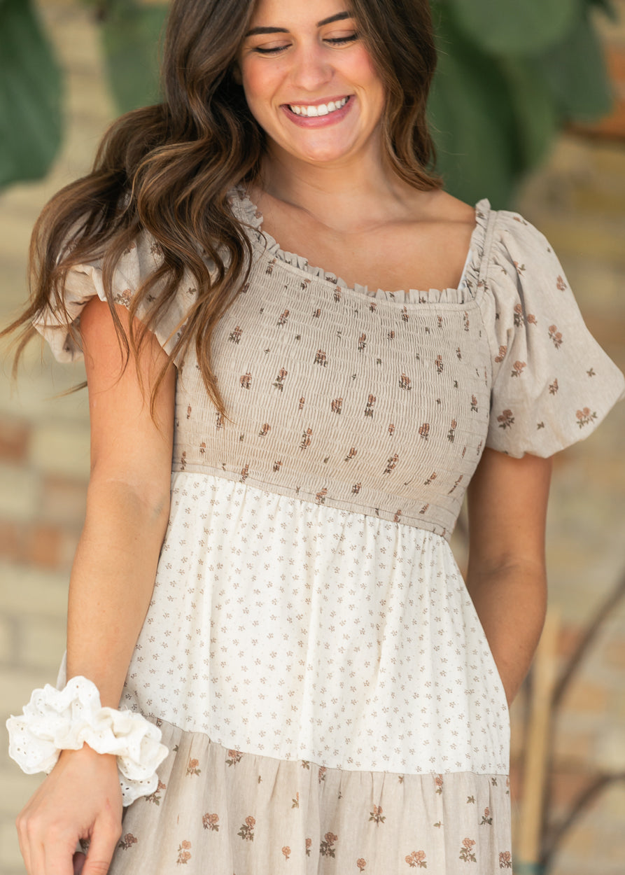Patchwork Floral Smocked Midi Dress FF Dresses