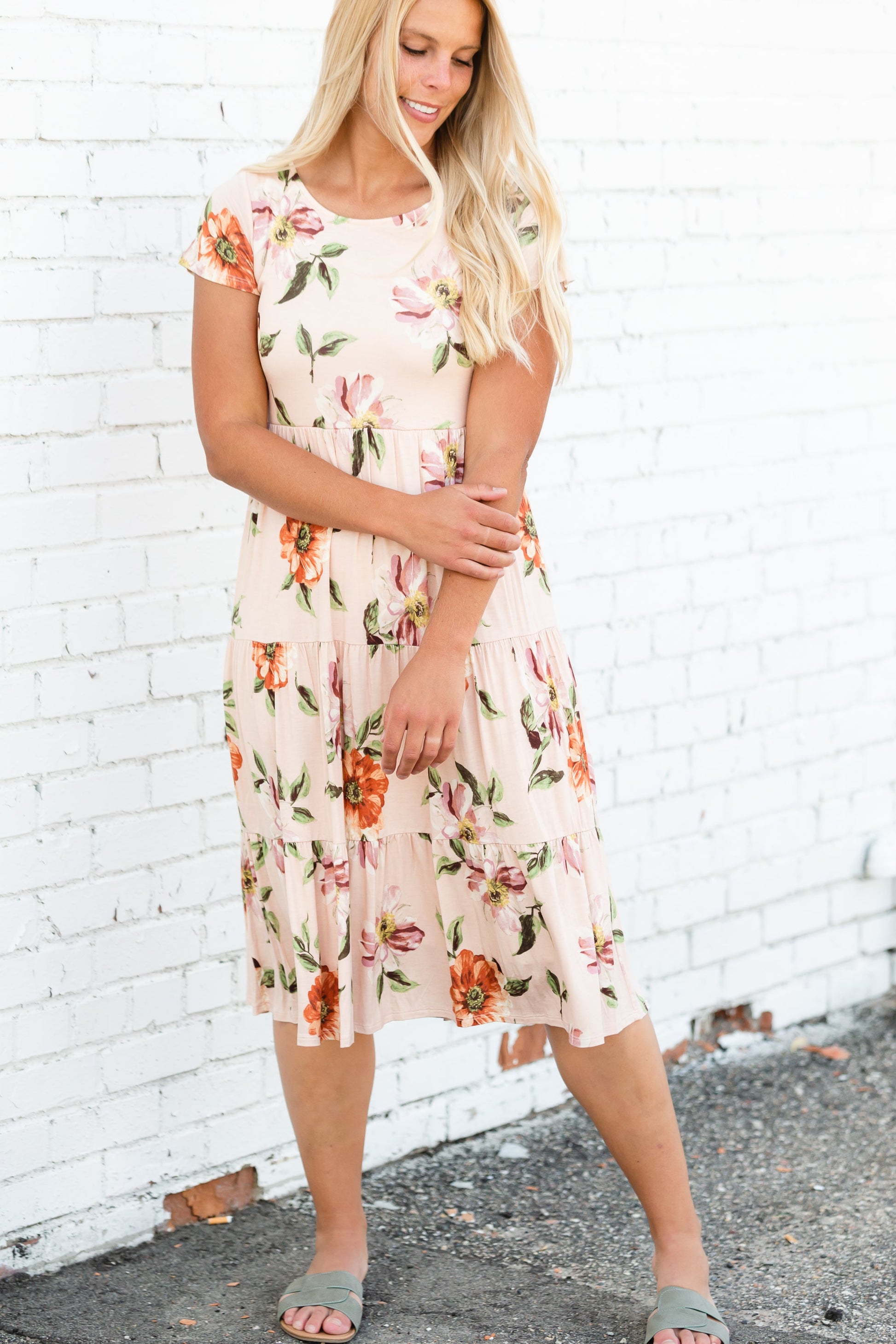 Peach Floral Tiered Midi Dress FF Dresses
