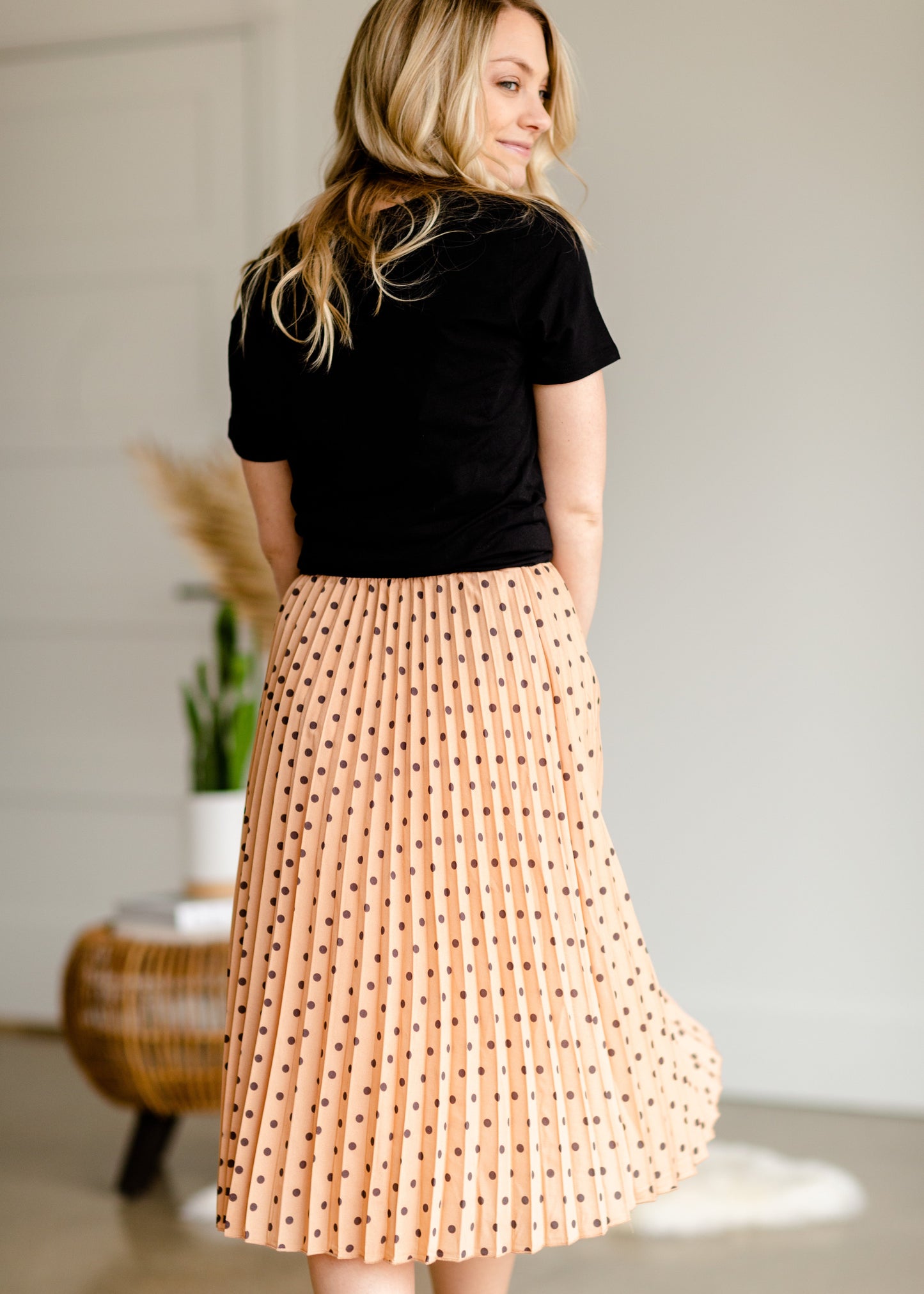 Peach Polka Dot Pleated Midi Skirt - FINAL SALE FF Skirts