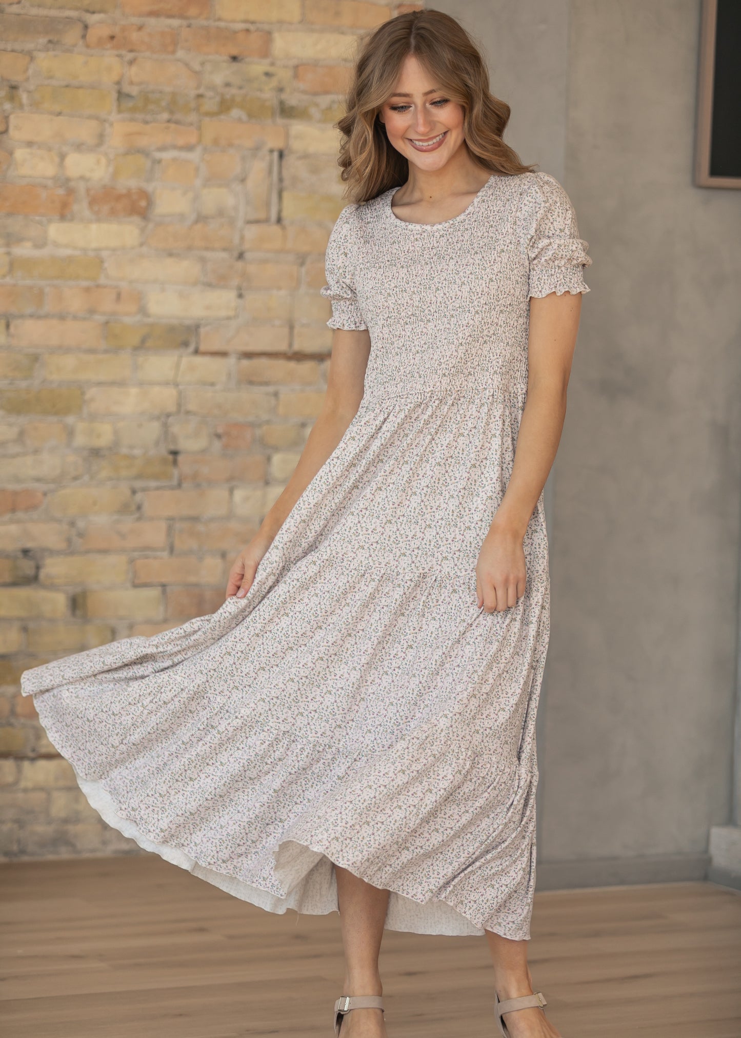 Penelope Blush Floral Smocked Midi Dress IC Dresses