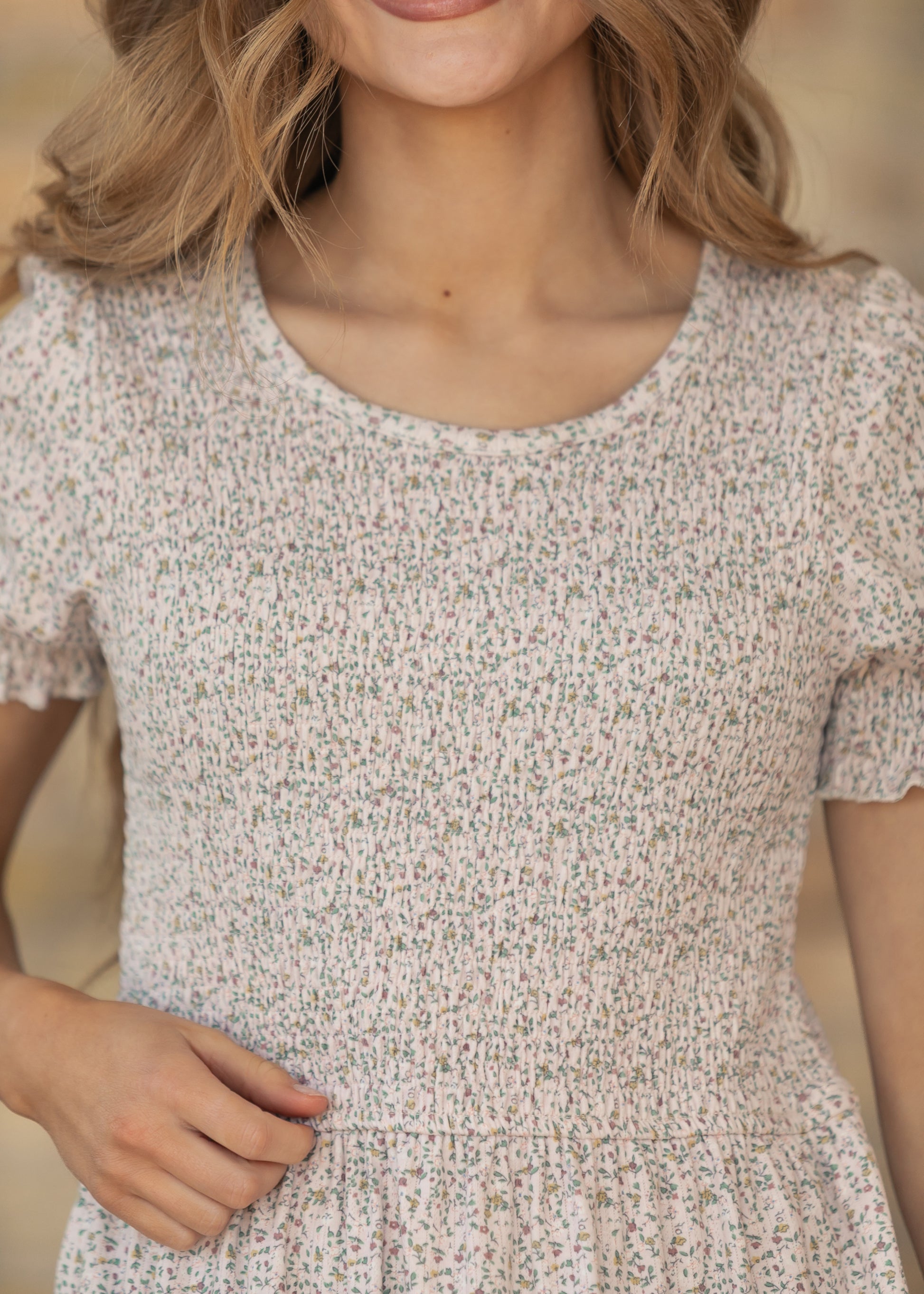 Penelope Blush Floral Smocked Midi Dress IC Dresses
