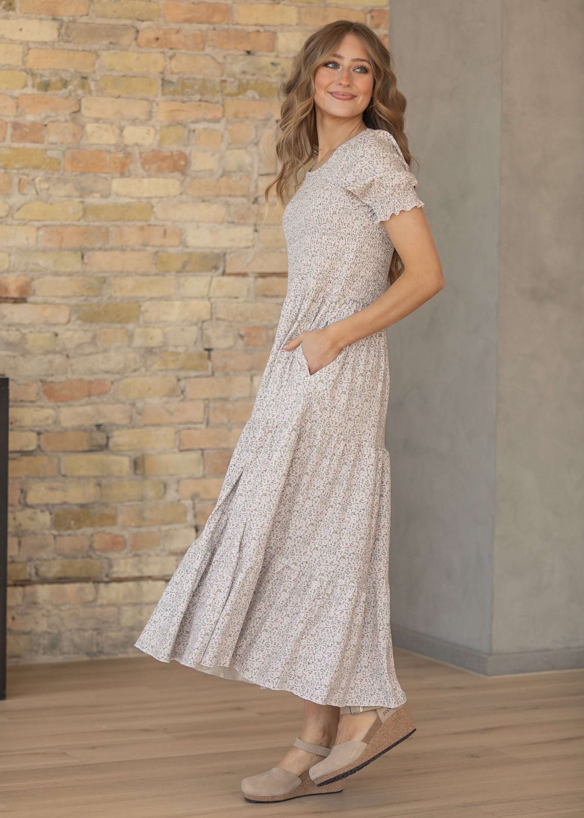 Penelope Blush Floral Smocked Midi Dress IC Dresses