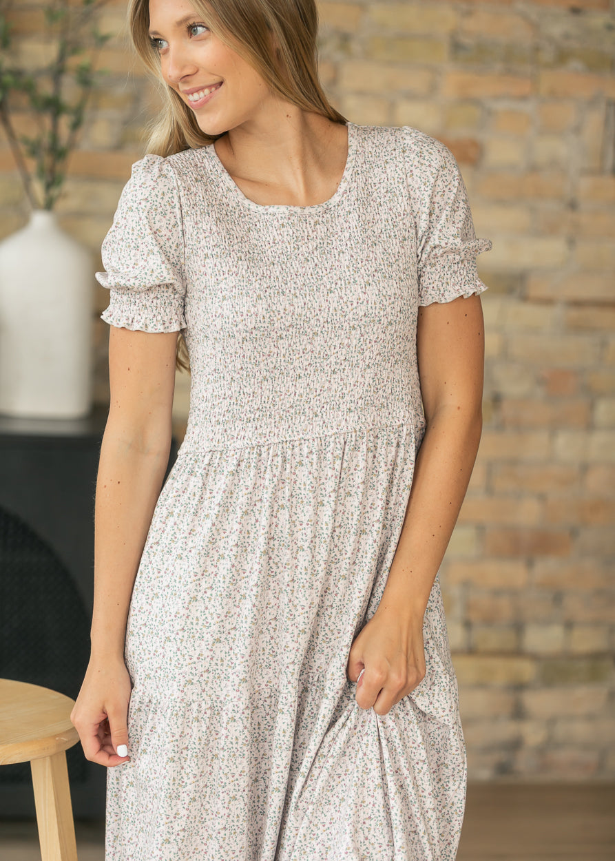 Penelope Blush Floral Smocked Midi Dress IC Dresses