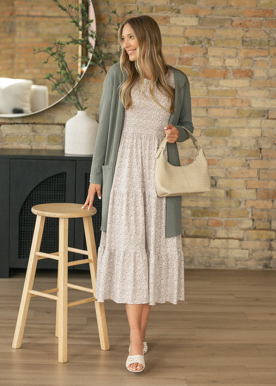 Penelope Blush Floral Smocked Midi Dress IC Dresses