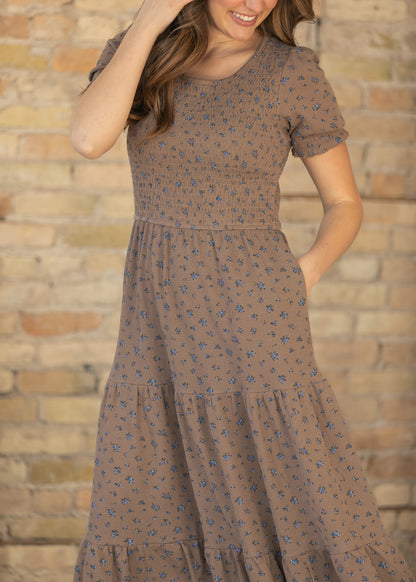 Penelope Chocolate Floral Smocked Midi Dress IC Dresses