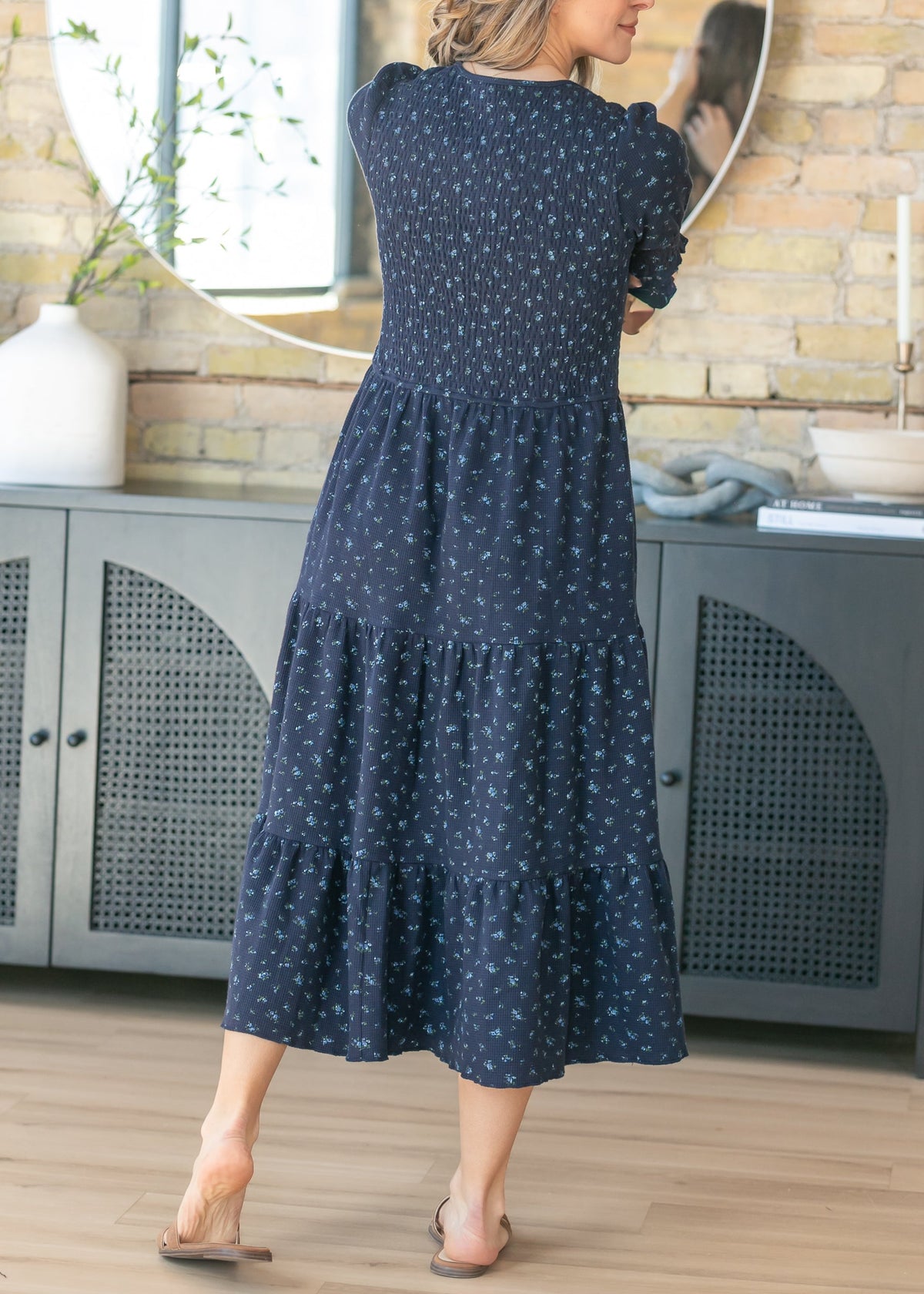 blue floral smocked dress Penelope Navy Midi Dress, Large A Line Lace Wedding Dress SELECT SIZE:M it will be paid Sequin Lace-Up Spaghetti Strap