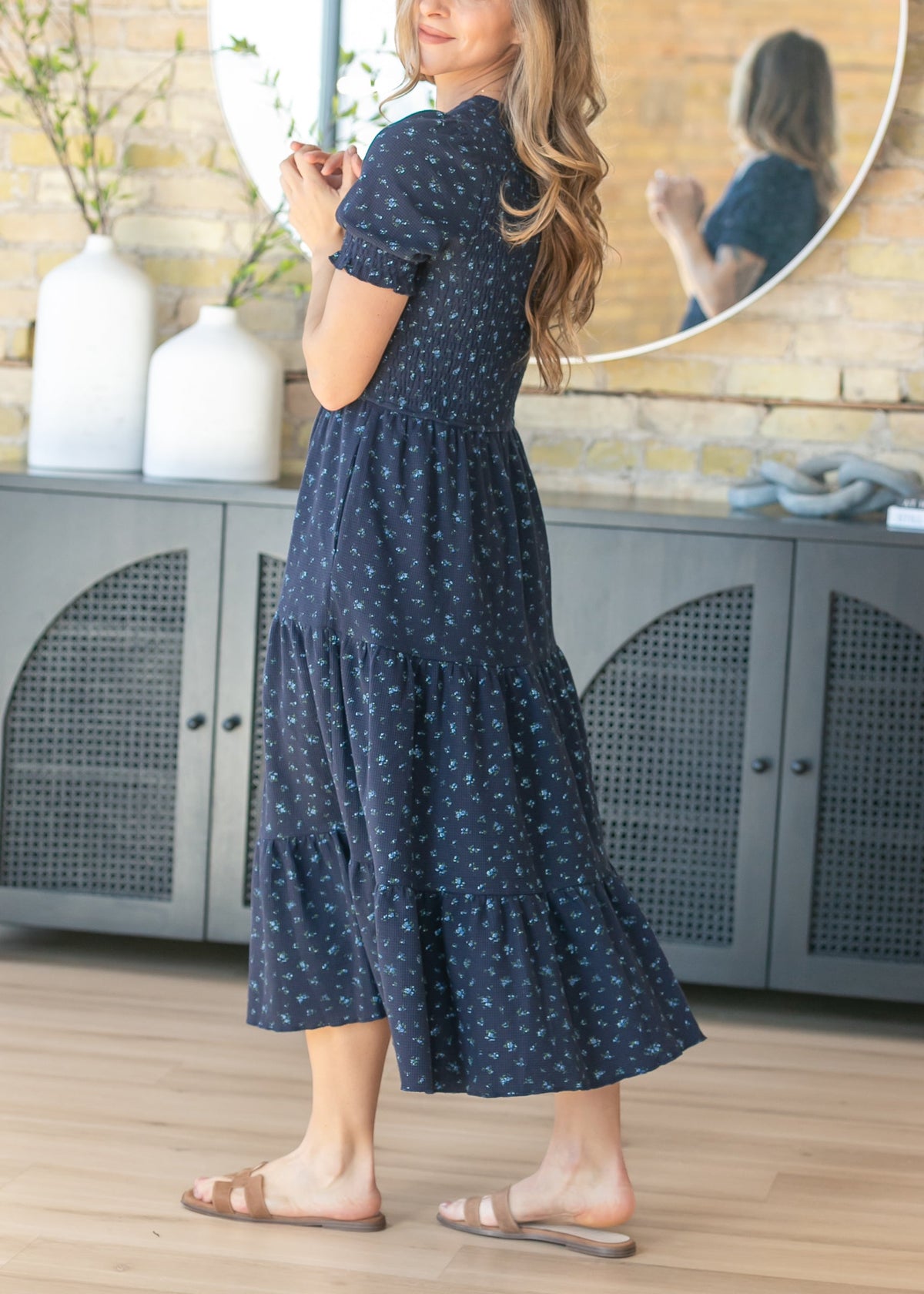 Penelope Navy Floral Smocked Midi Dress, Large