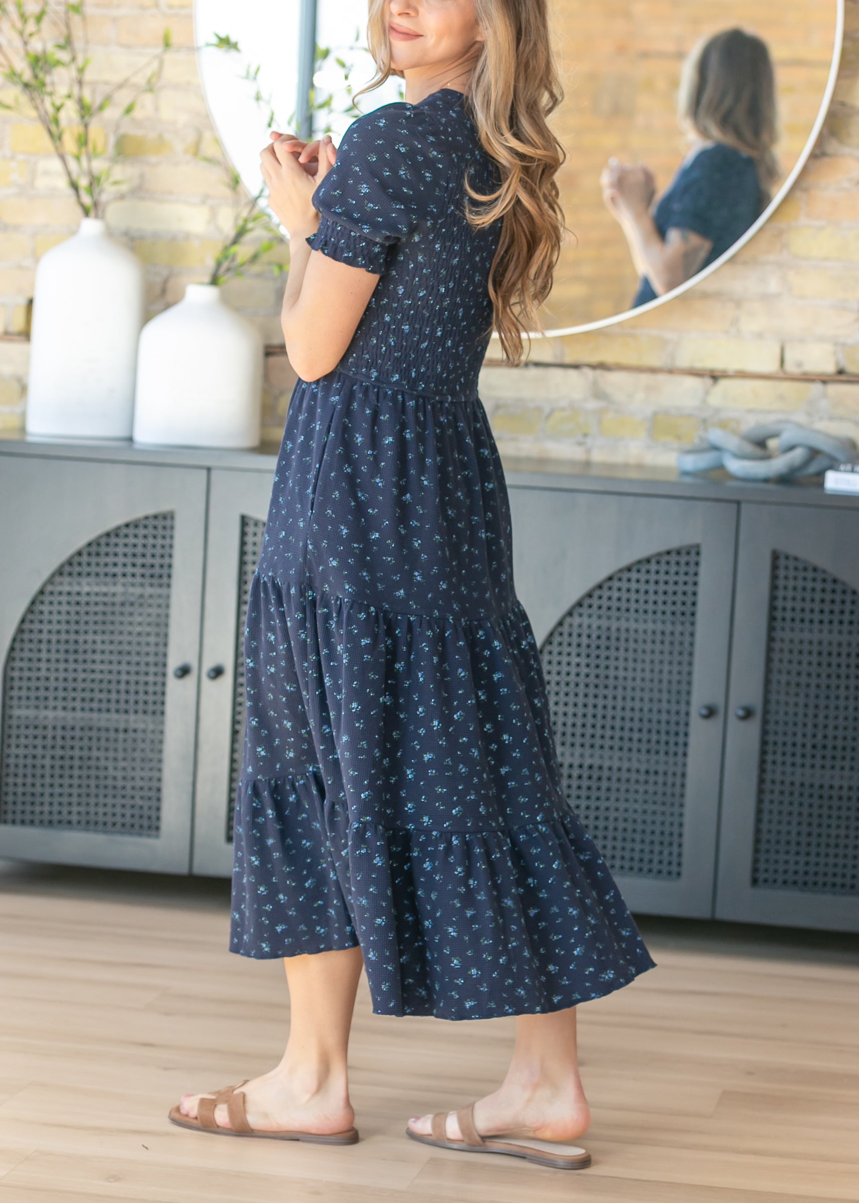 Penelope Navy Floral Smocked Midi Dress, Large
