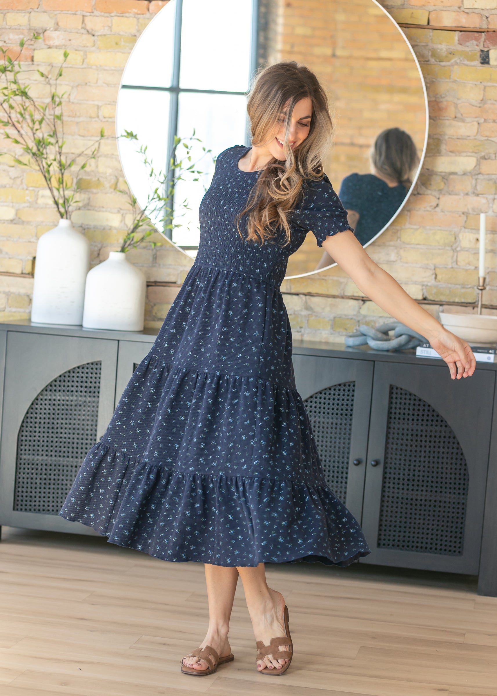 Penelope Navy Floral Smocked Midi Dress, Large