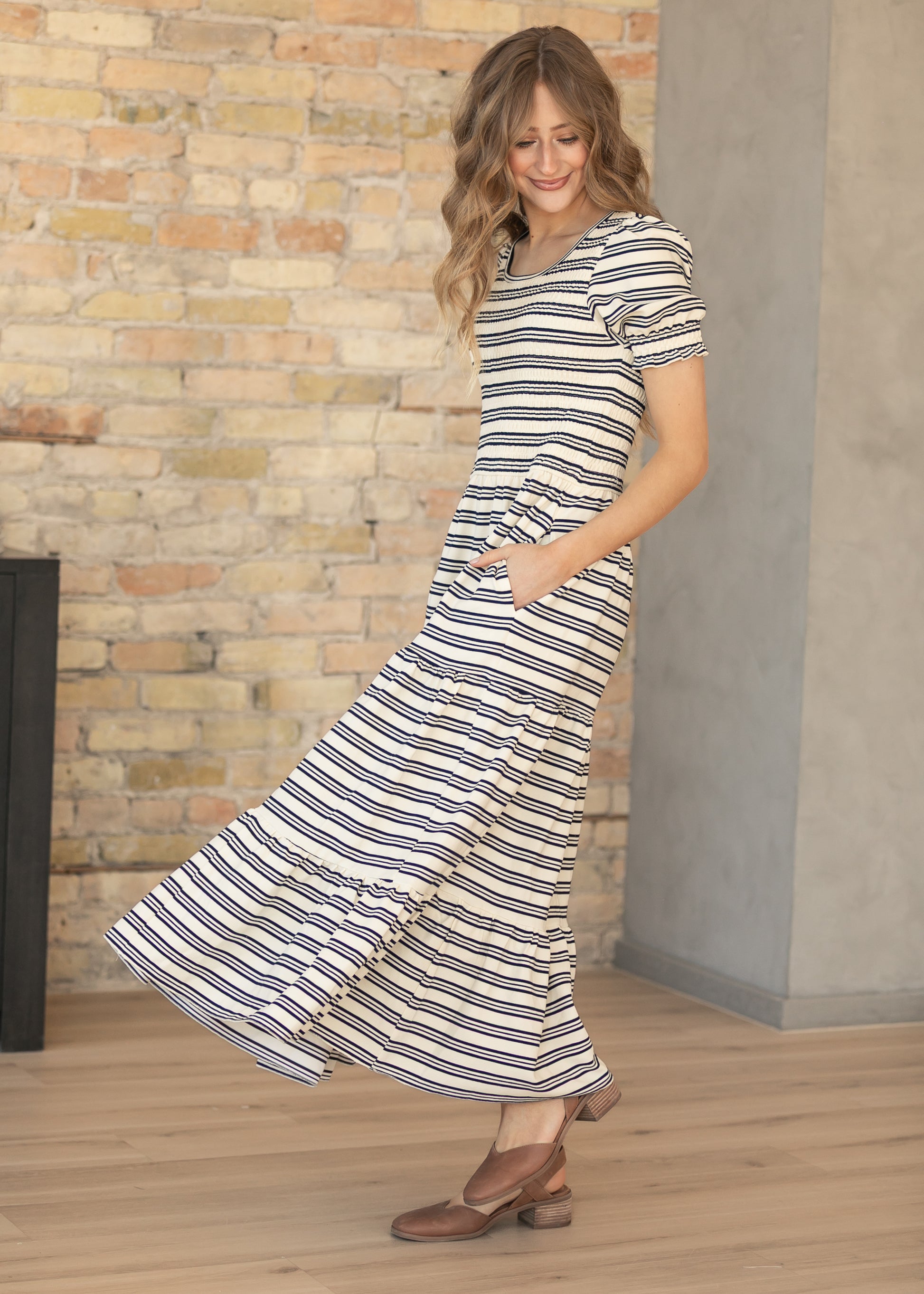 Penelope Navy Stripe Smocked Midi Dress IC Dresses