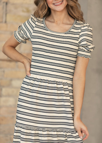 Penelope Navy Stripe Smocked Midi Dress IC Dresses
