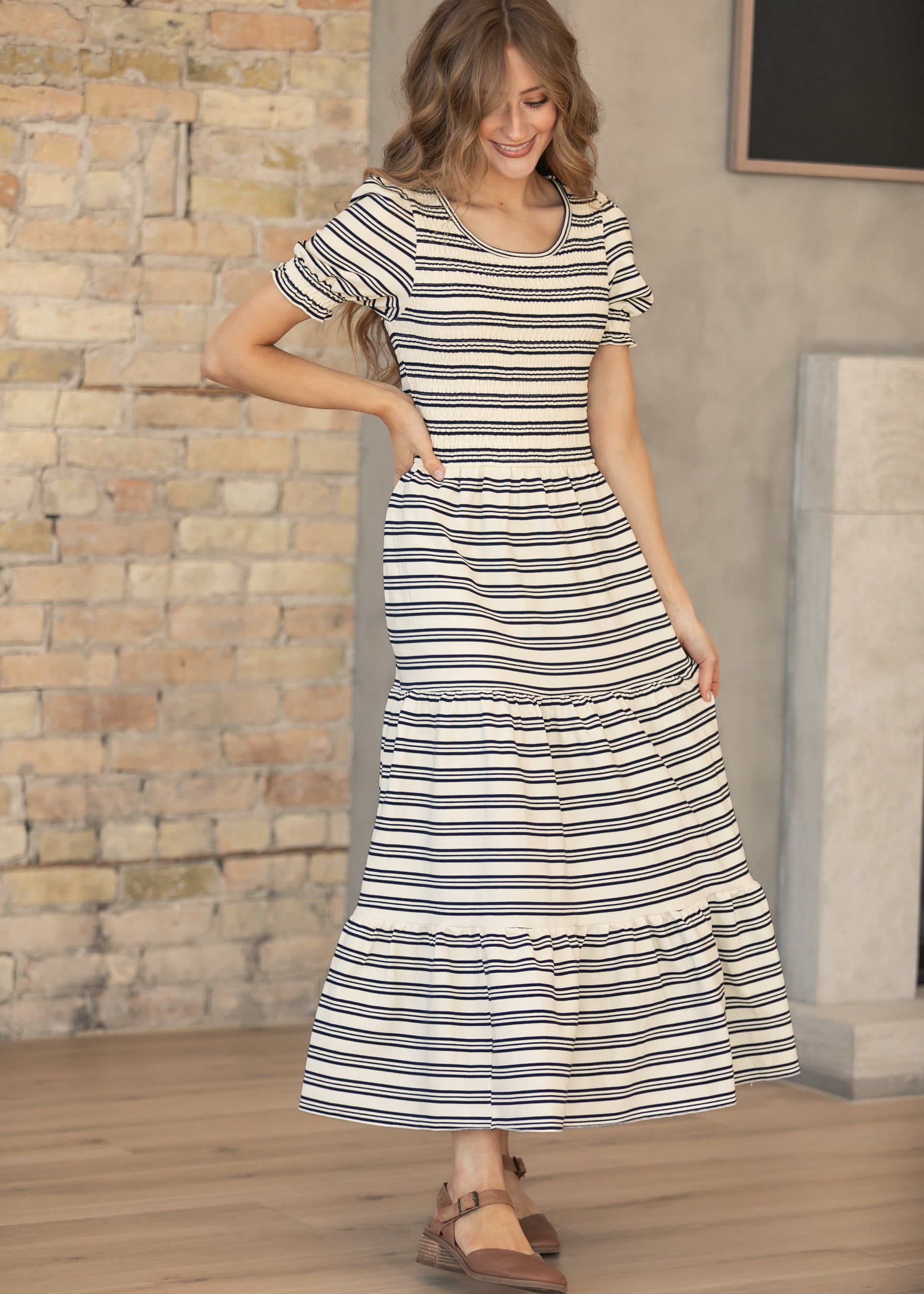 Penelope Navy Stripe Smocked Midi Dress IC Dresses