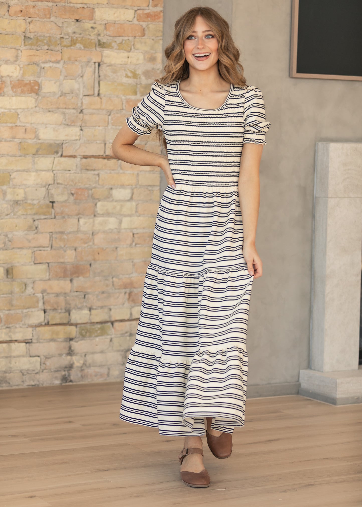 Penelope Navy Stripe Smocked Midi Dress IC Dresses