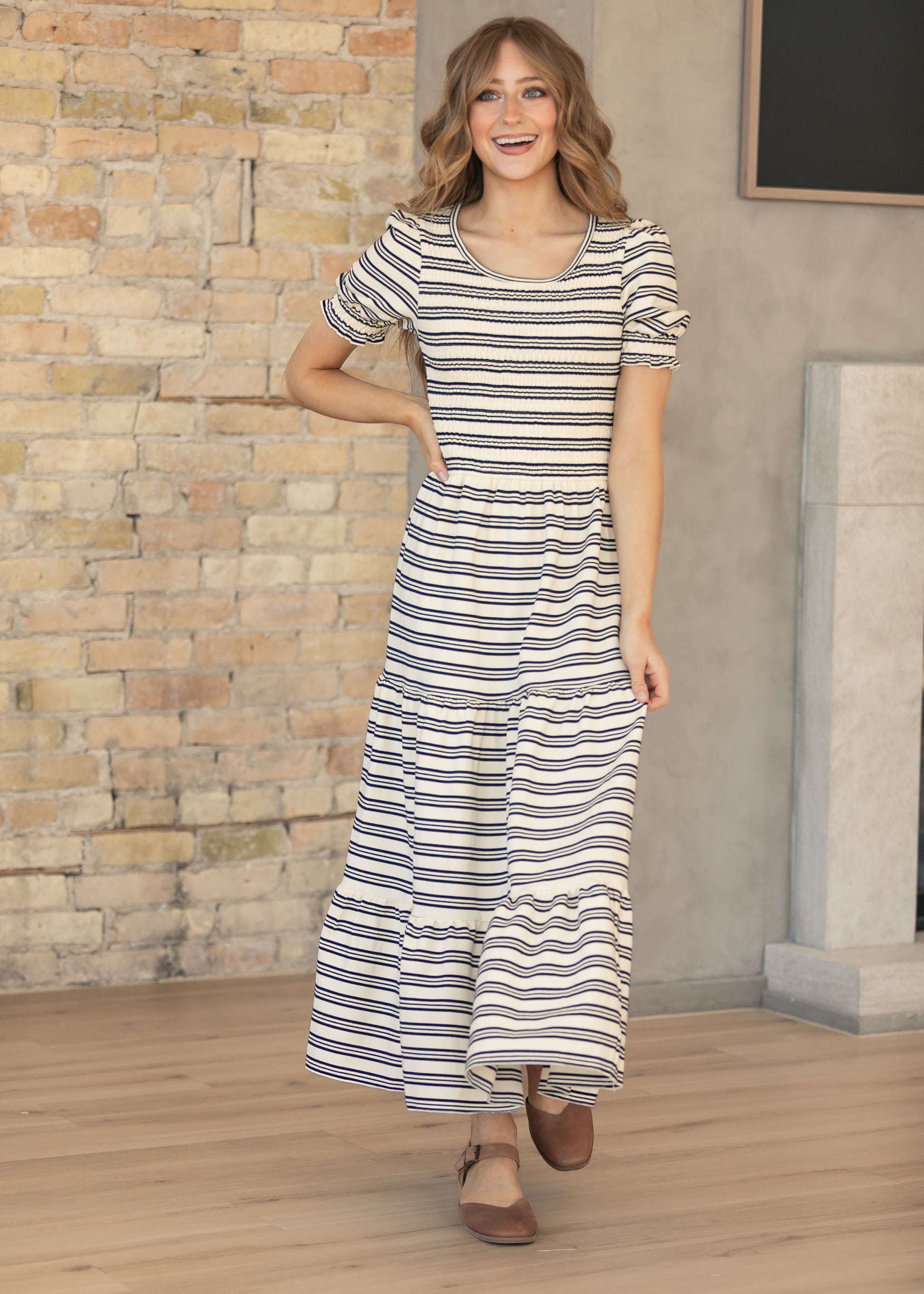 Penelope Navy Stripe Smocked Midi Dress IC Dresses