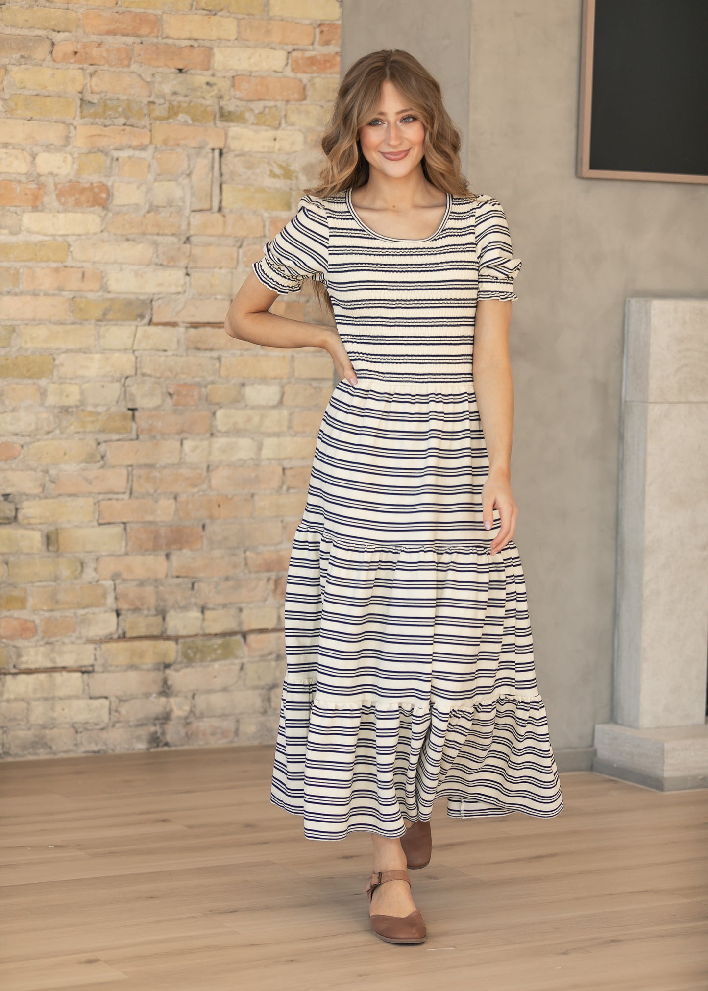 Penelope Navy Stripe Smocked Midi Dress IC Dresses