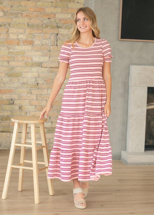 Penelope Pink Stripe Smocked Midi Dress IC Dresses