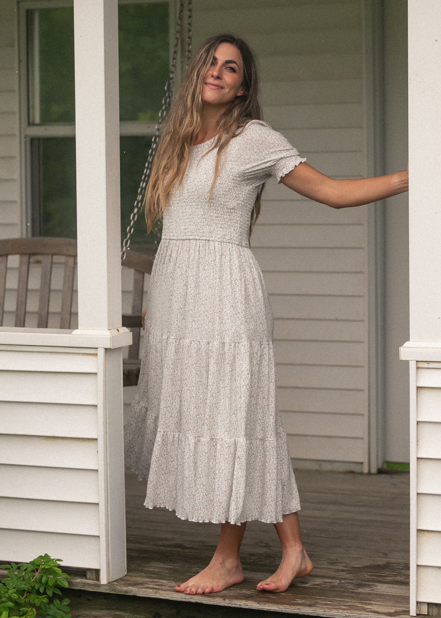 smocked midi dress with sleeves White Midi Dress - Smocked Dress - Long Sleeve Midi