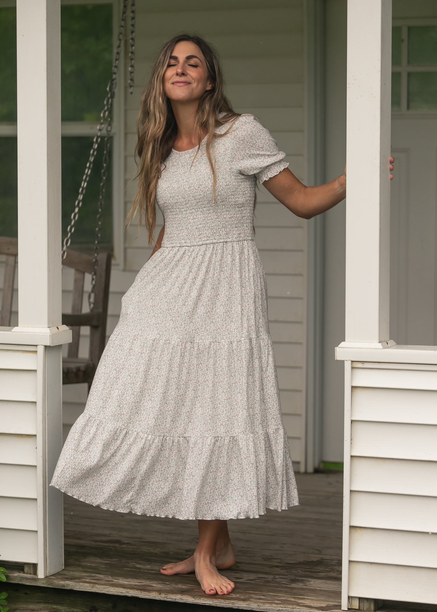 penelope midi dress Penelope White Floral Smocked Midi Dress, Medium