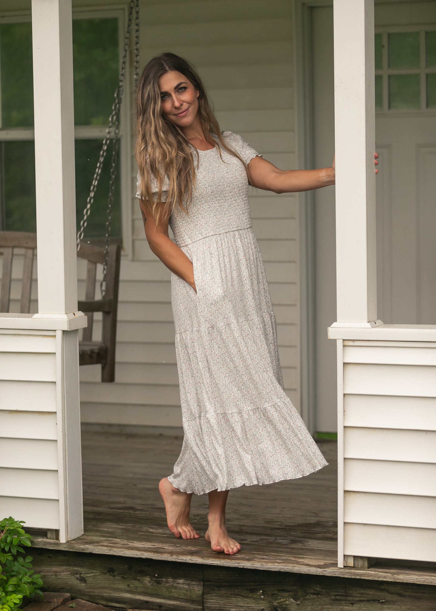 Penelope White Floral Smocked Midi Dress Inherit Co. Penelope White Floral Smocked Midi Dress Inherit Co.