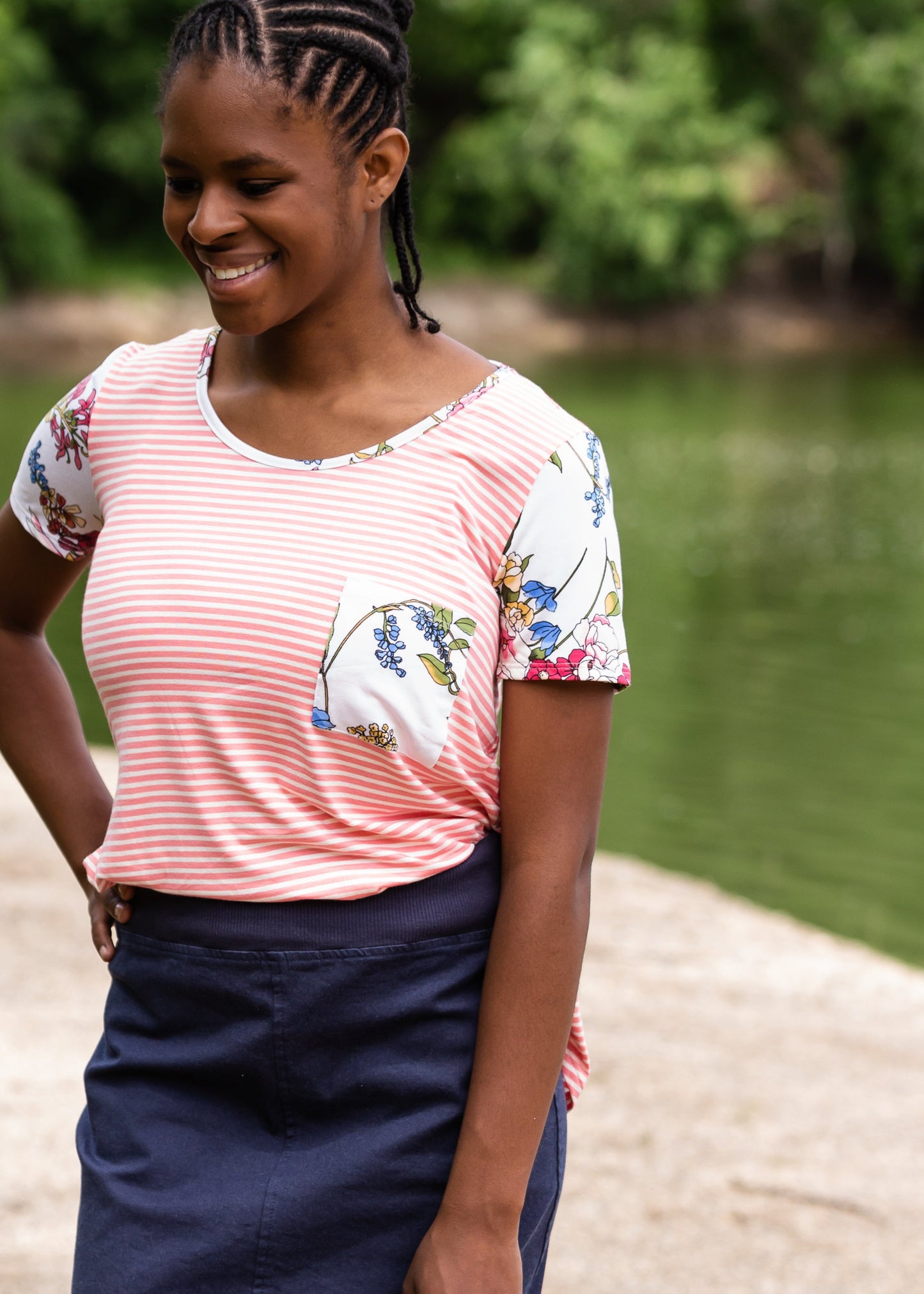 Pin Striped + Floral Short Sleeve Top - Final Sale IC Tops