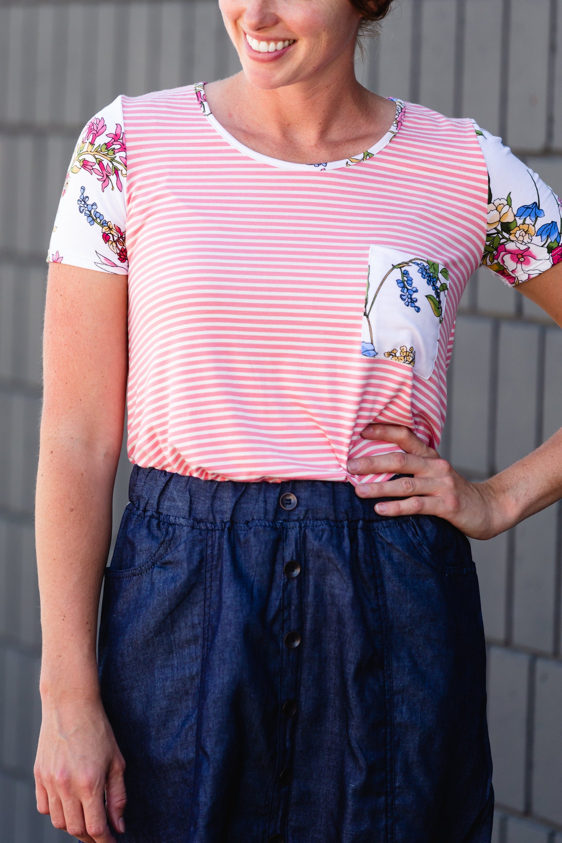 Pin Striped + Floral Short Sleeve Top - Final Sale IC Tops