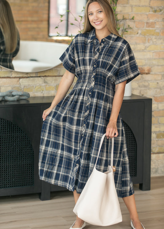 Pin-Tucked Waist Plaid Midi Dress FF Dresses