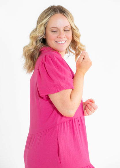 Pink Button Front Tiered Maxi Dress FF Dresses