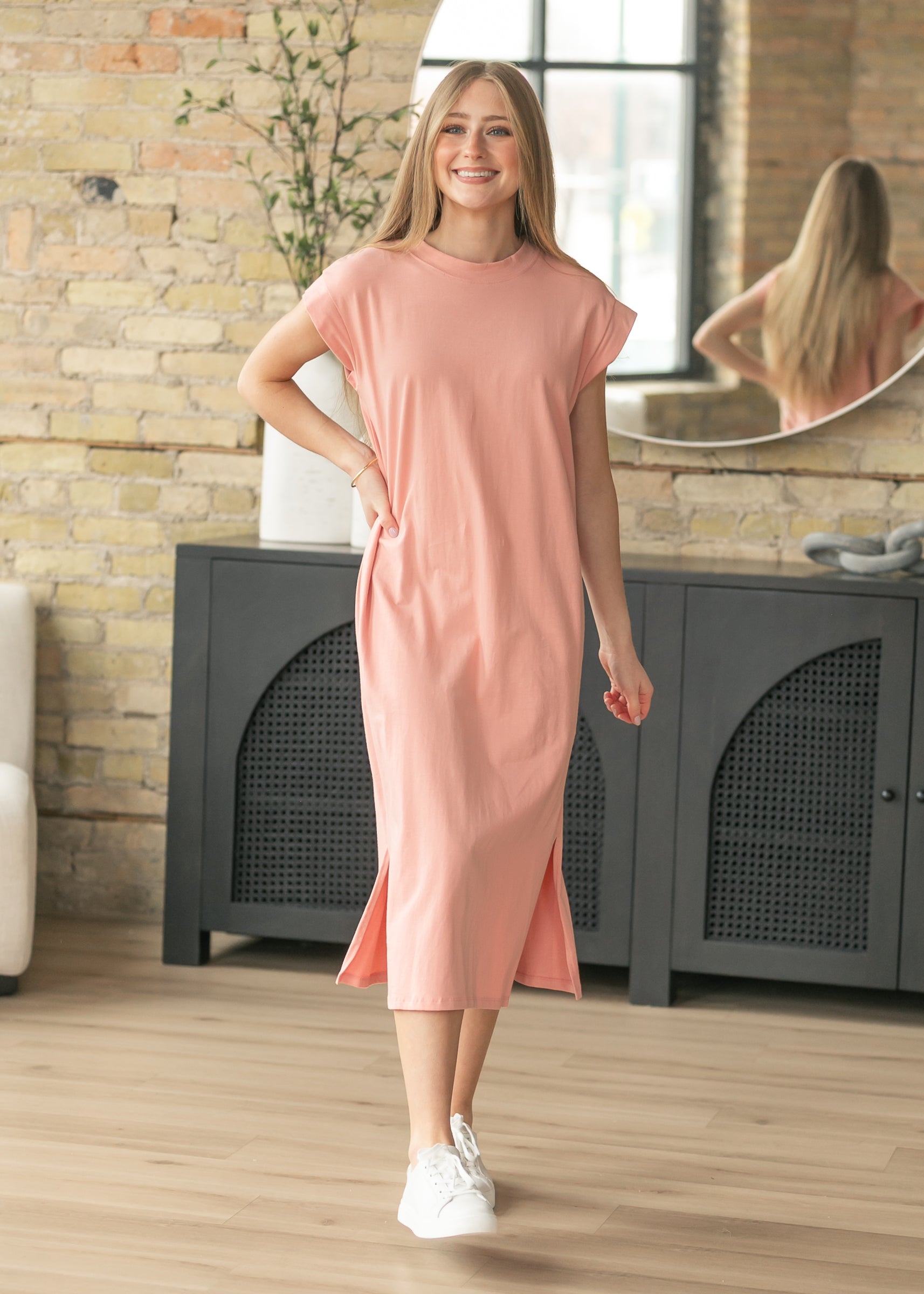 shirt midi dresses Linen Blend Dress  Neutral Summer Dress M front placket Cap Sleeve T-shirt Midi Dress,