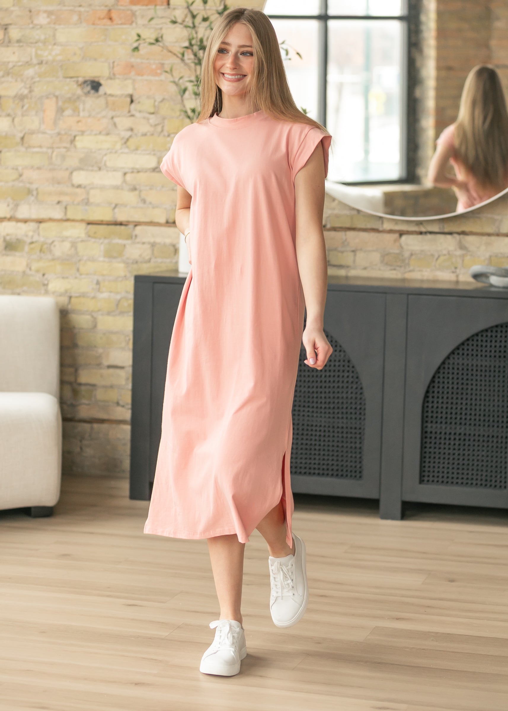 Pink Cap Sleeve T-shirt Midi Dress, Large Pink Cap Sleeve T-shirt Midi Dress, Large