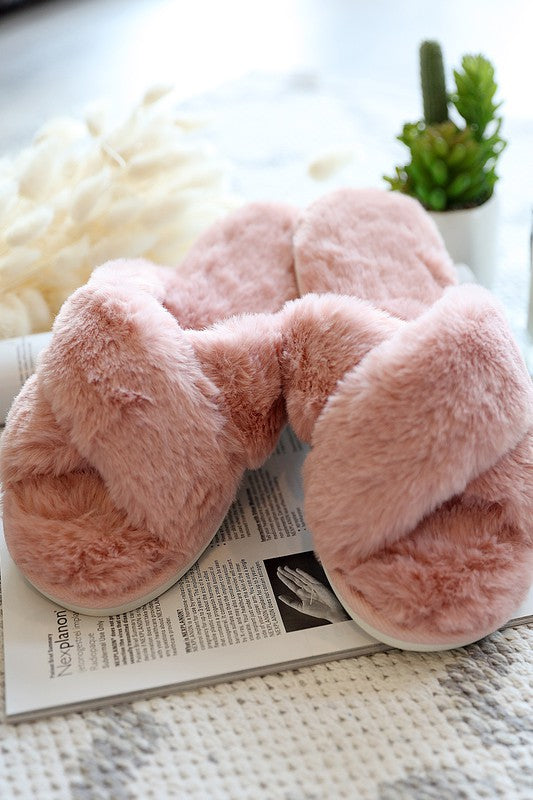 Pink Faux Fur Criss Cross Slide Slippers