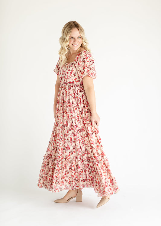 Pink Floral Puff Sleeve Maxi Dress FF Dresses