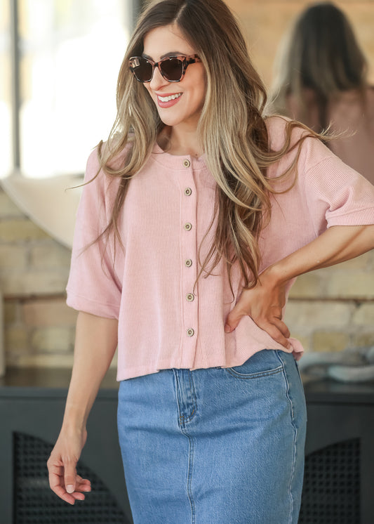Pink Ribbed Knit Button Front Top FF Tops