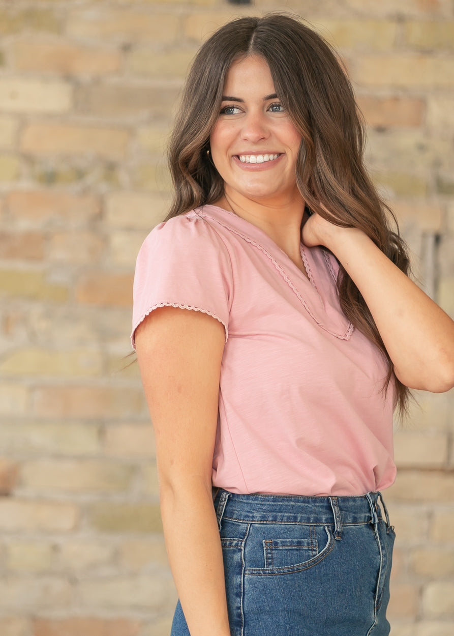 Pink Scalloped Detail V Neck Top FF Tops