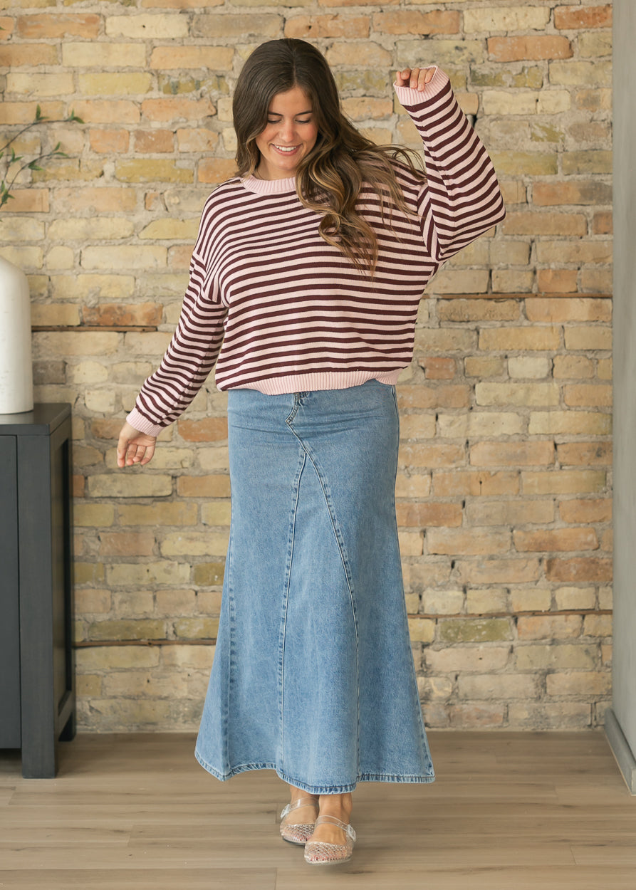Pink Striped Back Button Detail Knit Sweater FF Tops