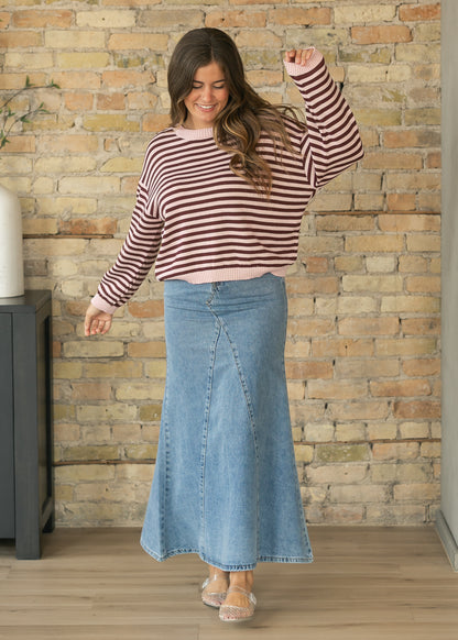 Pink Striped Back Button Detail Knit Sweater FF Tops