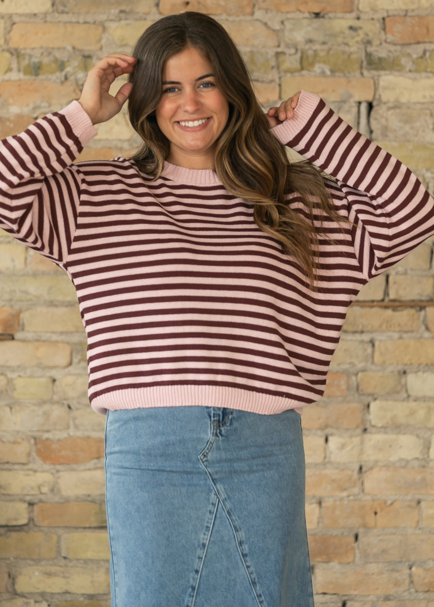 Pink Striped Back Button Detail Knit Sweater FF Tops