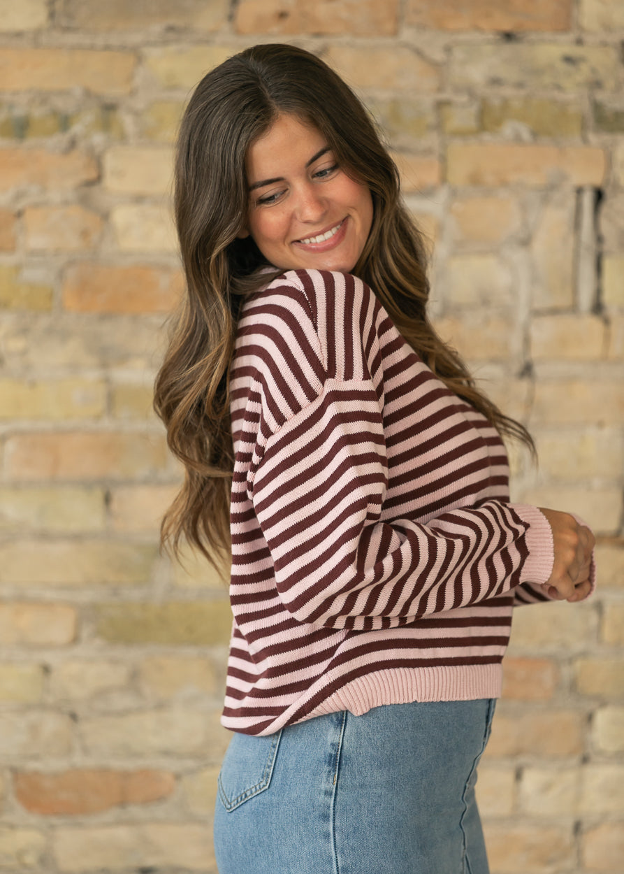 Pink Striped Back Button Detail Knit Sweater FF Tops