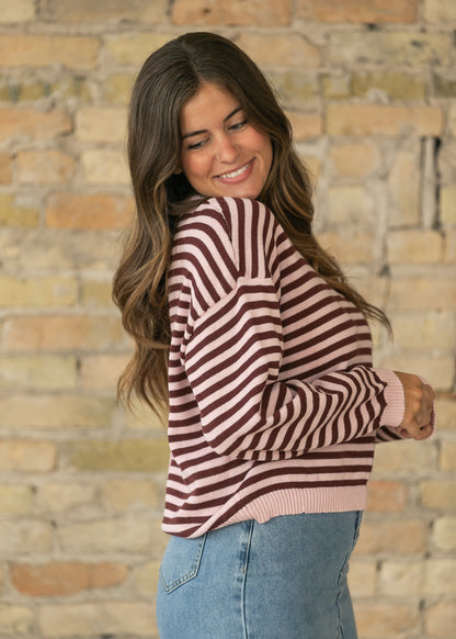 Pink Striped Back Button Detail Knit Sweater FF Tops