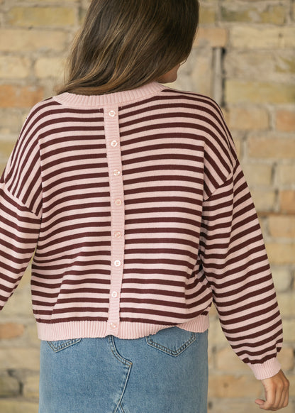 Pink Striped Back Button Detail Knit Sweater FF Tops