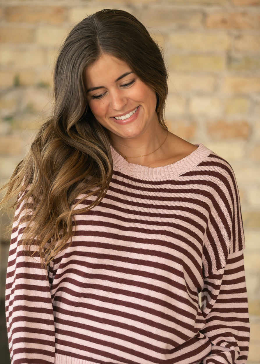 Pink Striped Back Button Detail Knit Sweater FF Tops