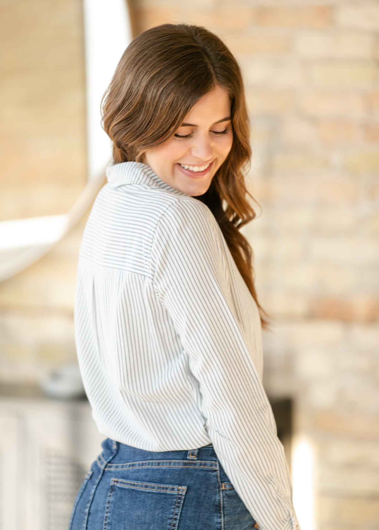 Pinstripe Cotton Button Up Top FF Tops