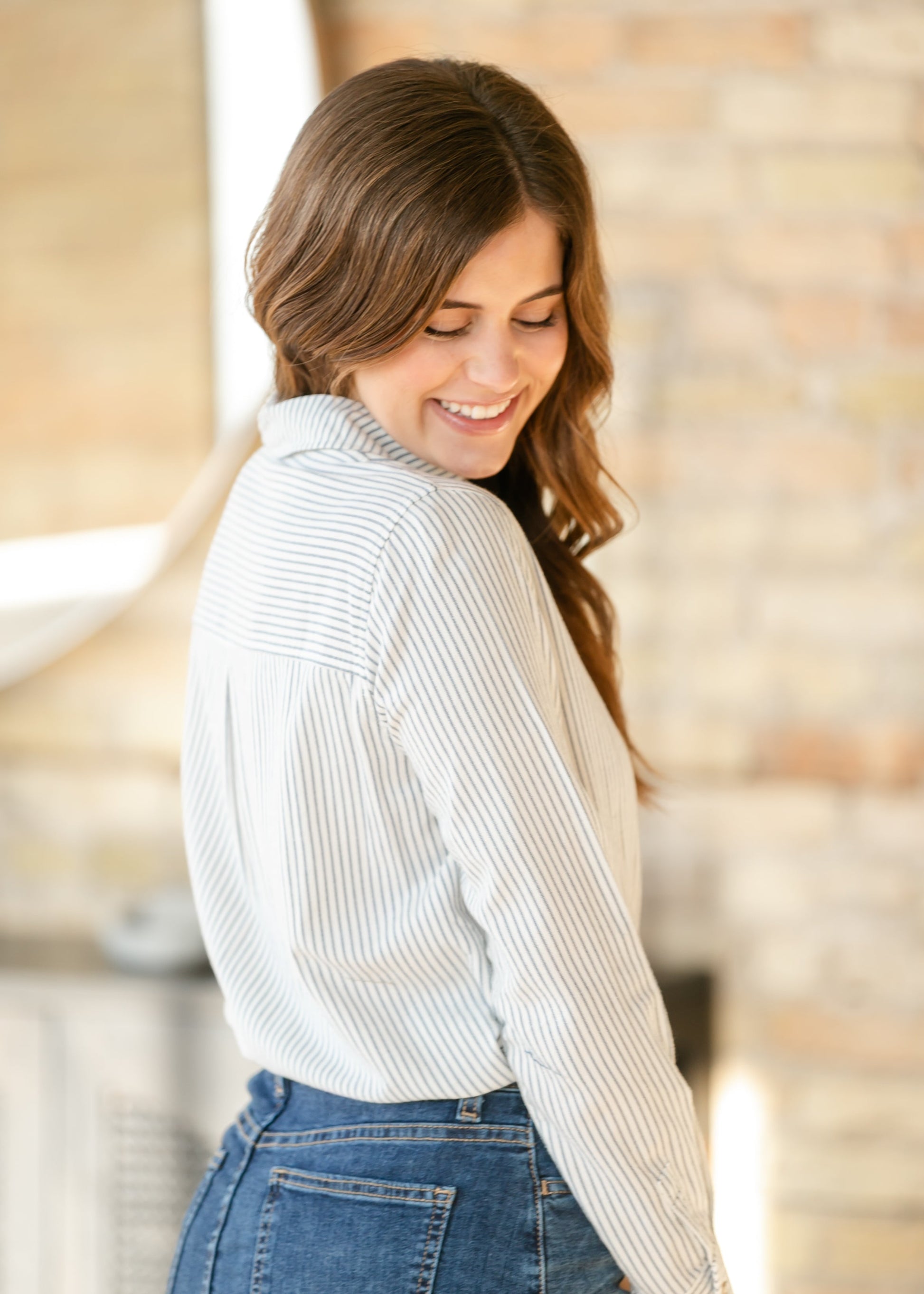 Pinstripe Cotton Button Up Top FF Tops